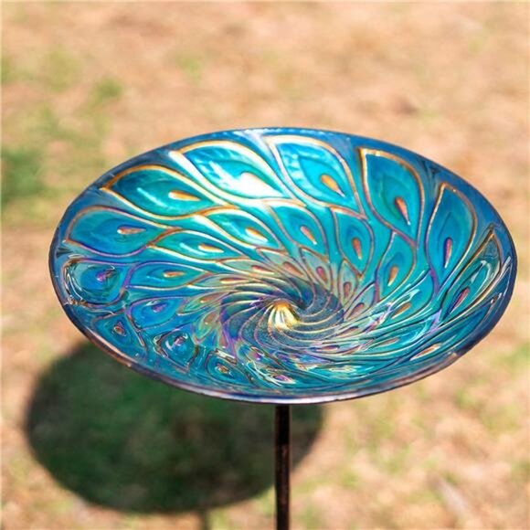 Glass Bird Bath, Garden Outdoor Birdbaths Birdfeeder with Metal Stake - Picture 2 of 16